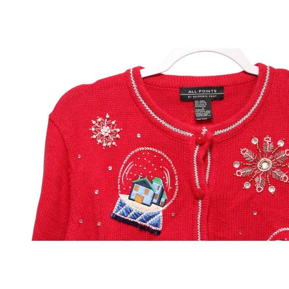 Vintage 90s Cardigan Sweater Medium Embroidered Sequin Beaded Holiday Winter - Picture 4 of 12